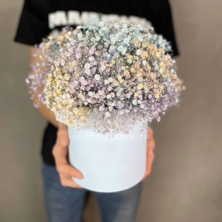 9 Радужных гипсофил в шляпной коробке в Нальчике