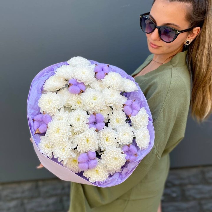  Букет  хризантем и хлопка в Нальчике